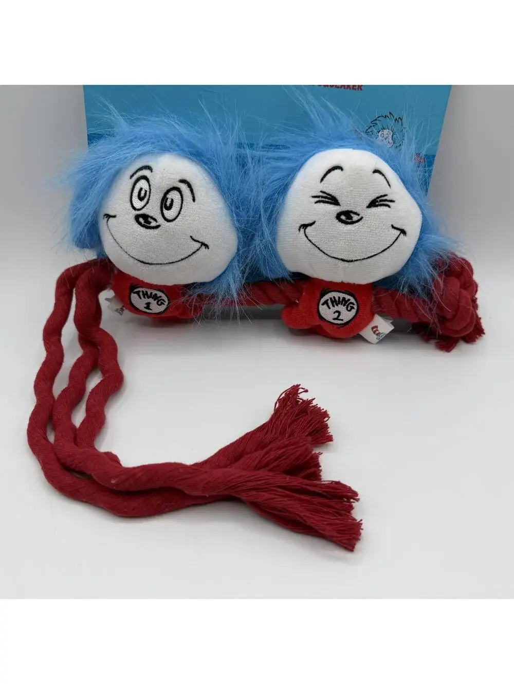 Dr Seuss The Cat in the Hat Thing 1 Thing 2 Plush Dog Toy With Squeaker Rope